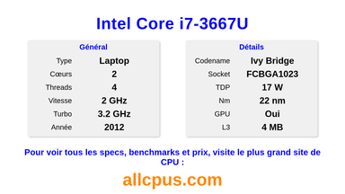 Intel Core i7-3667U Spécifications et benchmarks du CPU