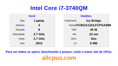 Intel Core i7-3740QM Especificações e benchmarks da CPU