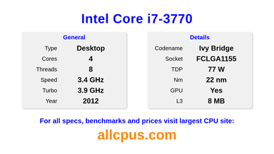 Intel Core i7-3770 CPU Specifications and Benchmark
