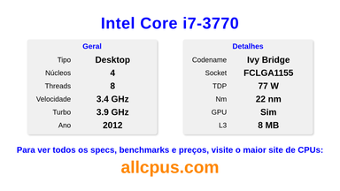 Intel Core i7-3770 Especificações e benchmarks da CPU