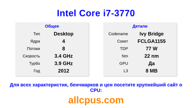 Intel Core i7-3770 Характеристики и бенчмарки CPU