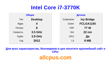 Intel Core i7-3770K Характеристики и бенчмарки CPU