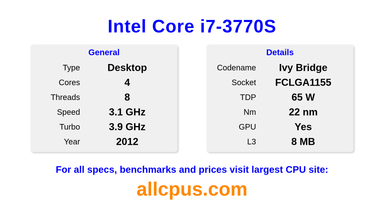 Intel Core i7-3770S CPU Specifications and Benchmark
