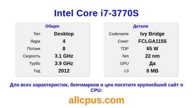 Intel Core i7-3770S Характеристики и бенчмарки CPU
