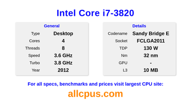 Intel Core i7-3820 CPU Specifications and Benchmark