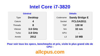 Intel Core i7-3820 Spécifications et benchmarks du CPU