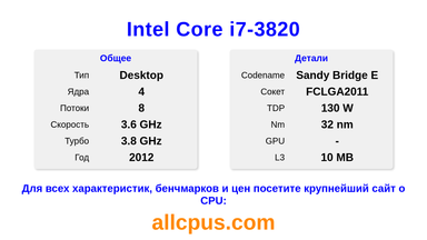 Intel Core i7-3820 Характеристики и бенчмарки CPU
