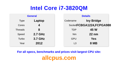 Intel Core i7-3820QM CPU Specifications and Benchmark