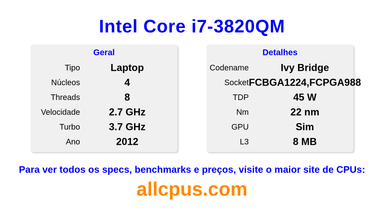 Intel Core i7-3820QM Especificações e benchmarks da CPU
