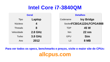 Intel Core i7-3840QM Especificações e benchmarks da CPU