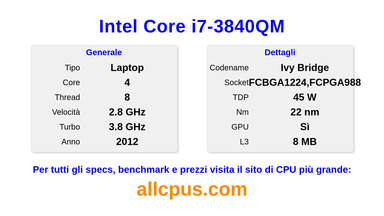Intel Core i7-3840QM Specifiche e benchmark della CPU