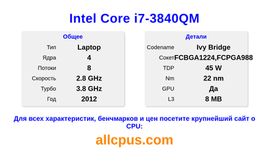 Intel Core i7-3840QM Характеристики и бенчмарки CPU