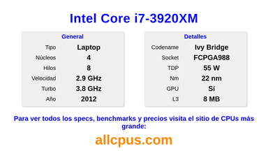 Intel Core i7-3920XM Especificaciones y benchmarks de la CPU