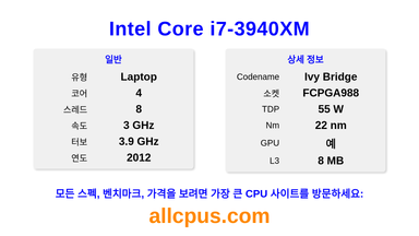 Intel Core i7-3940XM CPU 사양과 벤치마크