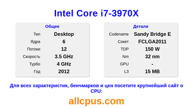 Intel Core i7-3970X Характеристики и бенчмарки CPU