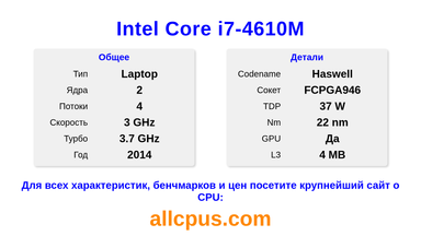 Intel Core i7-4610M Характеристики и бенчмарки CPU