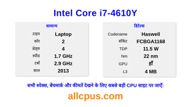 Intel Core i7-4610Y CPU की स्पेसिफिकेशन और बेंचमार्क