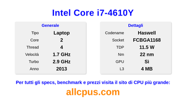 Intel Core i7-4610Y Specifiche e benchmark della CPU