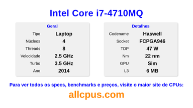 Intel Core i7-4710MQ Especificações e benchmarks da CPU
