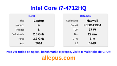 Intel Core i7-4712HQ Especificações e benchmarks da CPU