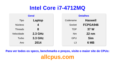 Intel Core i7-4712MQ Especificações e benchmarks da CPU