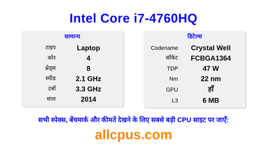 Intel Core i7-4760HQ CPU की स्पेसिफिकेशन और बेंचमार्क