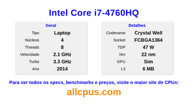 Intel Core i7-4760HQ Especificações e benchmarks da CPU