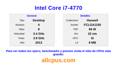 Intel Core i7-4770 Especificaciones y benchmarks de la CPU