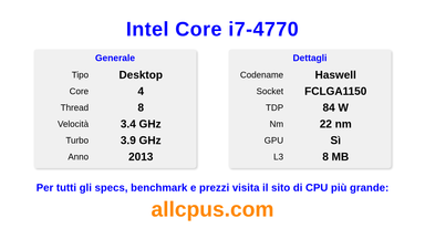 Intel Core i7-4770 Specifiche e benchmark della CPU