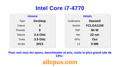 Intel Core i7-4770 Spécifications et benchmarks du CPU