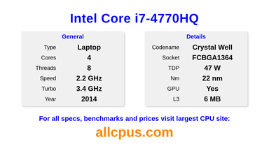 Intel Core i7-4770HQ CPU Specifications and Benchmark