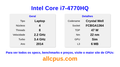 Intel Core i7-4770HQ Especificações e benchmarks da CPU