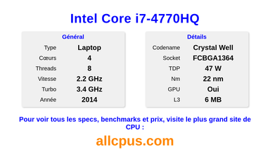 Intel Core i7-4770HQ Spécifications et benchmarks du CPU