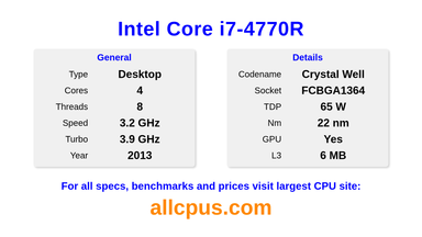 Intel Core i7-4770R CPU Specifications and Benchmark