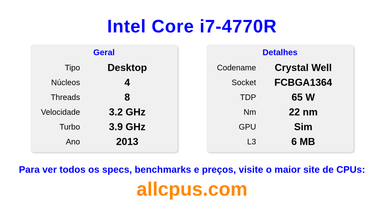 Intel Core i7-4770R Especificações e benchmarks da CPU