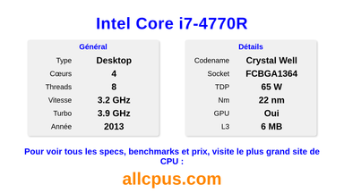 Intel Core i7-4770R Spécifications et benchmarks du CPU
