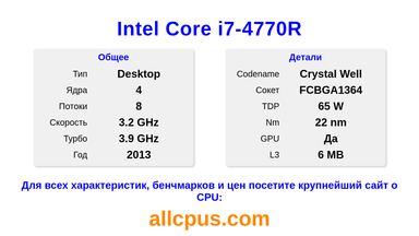 Intel Core i7-4770R Характеристики и бенчмарки CPU