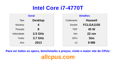 Intel Core i7-4770T Especificações e benchmarks da CPU