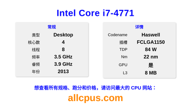 Intel Core i7-4771 CPU 规格和跑分