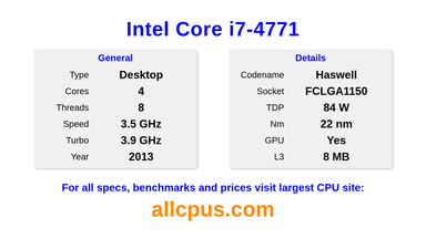 Intel Core i7-4771 CPU Specifications and Benchmark