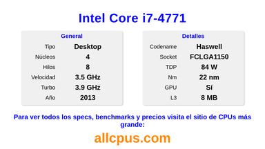 Intel Core i7-4771 Especificaciones y benchmarks de la CPU