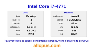 Intel Core i7-4771 Especificações e benchmarks da CPU