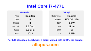 Intel Core i7-4771 Specifiche e benchmark della CPU