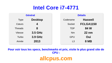 Intel Core i7-4771 Spécifications et benchmarks du CPU