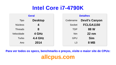 Intel Core i7-4790K Especificações e benchmarks da CPU