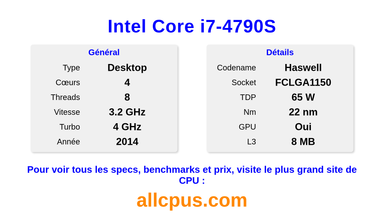Intel Core i7-4790S Spécifications et benchmarks du CPU