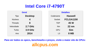Intel Core i7-4790T Especificações e benchmarks da CPU