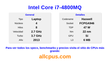 Intel Core i7-4800MQ Especificaciones y benchmarks de la CPU