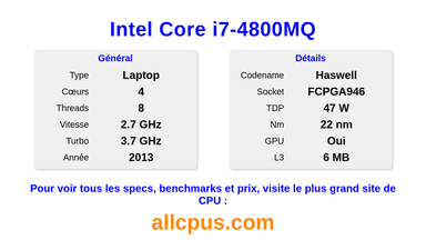 Intel Core i7-4800MQ Spécifications et benchmarks du CPU