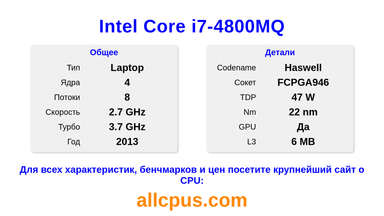 Intel Core i7-4800MQ Характеристики и бенчмарки CPU